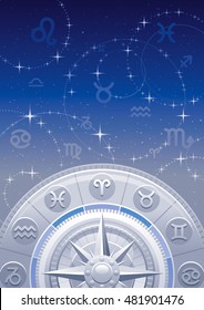 Zodiac wheel vector illustration, night sky background, astrology horoscope signs. Aries, Leo, Sagittarius, Taurus, Virgo, Capricorn, Gemini, Libra, Aquarius, Cancer, Scorpio, Pisces abstract icons