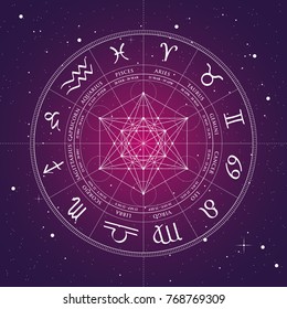 Zodiac Wheel, vector zodiac wheel with zodiac signs and metatrons cube on a space background - Shutterstock ID 768769309