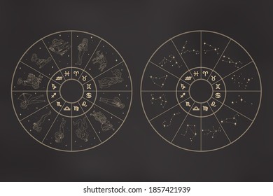 Zodiac wheels set. Circles with zodiac signs as girls, glyphs, constellations. Astrological concept in outline style isolated on black gradient. Vintage vector illustration for logo, print, tattoo
