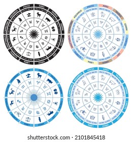Zodiac wheels - vector circles with signs and animals