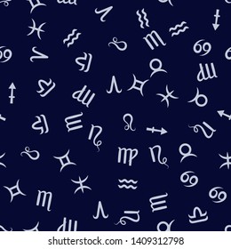 Zodiac white sign. Blue seamless pattern background. Astrological horoscope. Vector illustration.