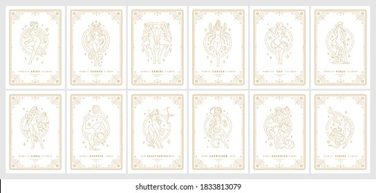 Zodiac womans horoscope signs linear silhouettes design vector illustrations set. Astrology symbols of esoteric female characters templates for cards or posters isolated on white background