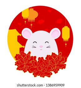 Zodiac of year 2020. Chinese New Year 2020. Year of white rat. Vector element with cute rat in sakura flowers, traditional chinese lantern and houses. Illustration for greeting card, poster, banner.