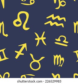 The zodiac of yellow color on a blue background seamless texture