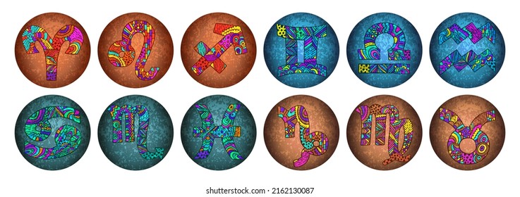 Zodiac zentangle signs. Zentangle zodiac symbols. Zentangle  astrological signs. Virgo, aquarius, libra, capricorn, aries, gemini, pisces, cancer, scorpio, leo, taurus, sagittarius.