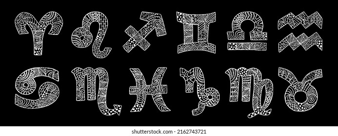 Zodiac zentangle signs. Zentangle zodiac symbols. Zentangle  astrological signs. Virgo, aquarius, libra, capricorn, aries, gemini, pisces, cancer, scorpio, leo, taurus, sagittarius.