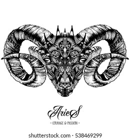 Zodiacal Aries Ink Drawing Isolated on White. Ram Head in Zentangle Style. Zodiac Sigh made of Ethnic Doodle Pattern. Trendy Tattoo Design. Hipster T-Shirt Print.