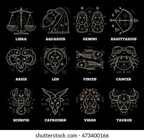 Símbolos zodiacales y astrológicos. Elementos vectoriales de diseño gráfico.