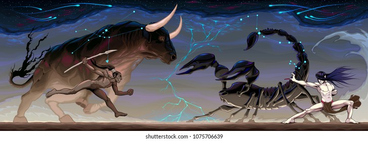 Zodiacal battle between Taurus and Scorpio. Vector conceptual fantasy illustration