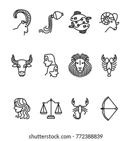 Zodiacal Black Thin Line Icon Set Include of Libra, Sagittarius, Taurus, Gemini and Capricorn . Vector illustration of Zodiac Signs