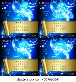 Zodiacal Calendar pages of 2016 for January, February, March, April with luminous zodiacal sign against the blue star space background.
Vector illustration