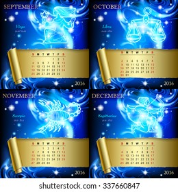 Zodiacal Calendar pages of 2016 for September, October, November, December with luminous zodiacal sign against the blue star space background.
Vector illustration