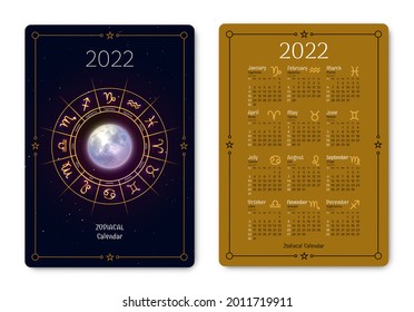 Zodiacal calendar of pocket size black golden colors. 2022 year double sided vertical calendar with Water Bearer constellation astrological symbol on dark cover, week starts from Sunday