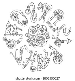 Zodiacal circle. Steampunk horoscope. Vector illustration of zodiac signs in the style of steampunk. A set of hand-drawn zodiac icons made of gears and nuts. Fantastic coloring pages for children.