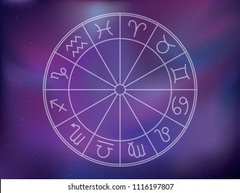 Zodiacal circle. Zodiac signs background. Astrological calendar, purple trendy color vector horoscope. Cosmos, space. Aquarius, libra, leo, taurus, cancer, pisces, virgo, capricorn, sagittarius