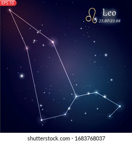 Zodiacal constellation with bright stars. Star sign and dates of birth on deep space background. Astrology horoscope with unique positive people personality traits vector illustration.