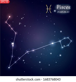 Zodiacal constellation with bright stars. Star sign and dates of birth on deep space background. Astrology horoscope with unique positive people personality traits vector illustration.