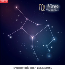 Zodiacal constellation with bright stars. Star sign and dates of birth on deep space background. Astrology horoscope with unique positive people personality traits vector illustration.