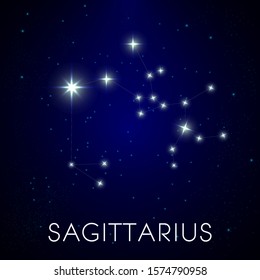 Zodiacal constellation of Sagittarius, galaxy with sparkling stars vector. Astrology sign in night sky, zodiacal system, ancient calendar. Mystic symbol of celestial bodies, astrological horoscope