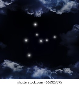Zodiacal constellation Virgo. The constellation is seen through the clouds in the night sky. Vector