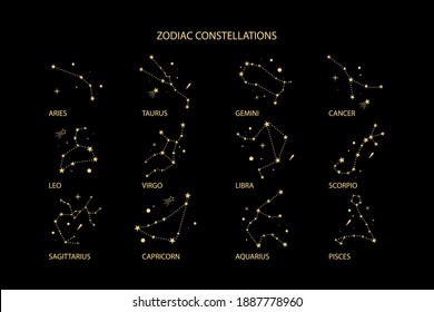  Constelaciones de zodiacales de color dorado. Un conjunto de signos de zodiaco como Aries, Taurus, Leo, Gemini, Virgo, Scorpio, Libra, Aquarius, Sagittarius, Pisces, Capricornio, Cáncer. 