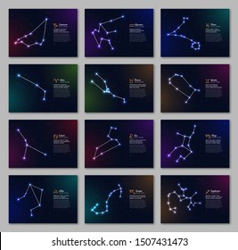 Zodiacal constellations set with bright stars. Twelve star signs and dates of birth on deep space background. Astrology horoscopes with unique positive people personality traits vector illustration.