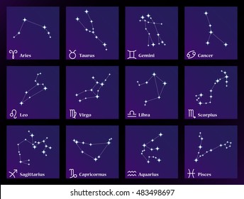 Zodiacal constellations vector illustration, signs of the zodiac. Horoscope set: Leo, Virgo, Scorpius, Libra, Aquarius, Sagitarius, Pisces, Capricornus, Taurus, Aries, Gemini, Cancer