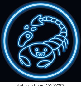 Zodiacal scorpio neon sign. Vector illustration in neon style, glowing element for topics like zodiac, horoscope, astrology