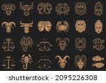 Zodiacal symbols. Vector illustration. Astrology, horoscope sign, graphic design elements, printing template. Esoteric zodiacal horoscope templates Isolated on black silhouette and thin line art.