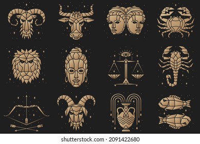 Zodiacal symbols. Vector illustration. Astrology, horoscope sign, graphic design elements, printing template. Esoteric zodiacal horoscope templates Isolated on black.