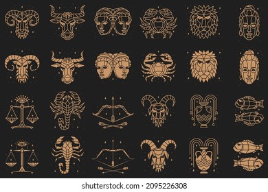 Zodiacal symbols  Vector illustration  Astrology  horoscope sign  graphic design elements  printing template  Esoteric zodiacal horoscope templates Isolated black silhouette   thin line art 