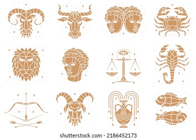 Símbolos zodiacales. Ilustración vectorial. Astrología, signo de horóscopo, elementos de diseño gráfico, plantilla de impresión. Plantillas de horóscopo zodiacal esotérico aisladas en negro.