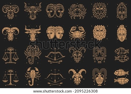Zodiacal symbols. Vector illustration. Astrology, horoscope sign, graphic design elements, printing template. Esoteric zodiacal horoscope templates Isolated on black silhouette and thin line art.