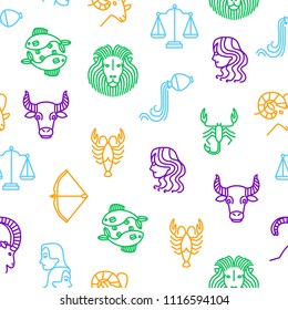 Zodiacal Thin Line Seamless Pattern Background Include of Libra, Sagittarius, Taurus, Gemini and Capricorn . Vector illustration of Zodiac Signs