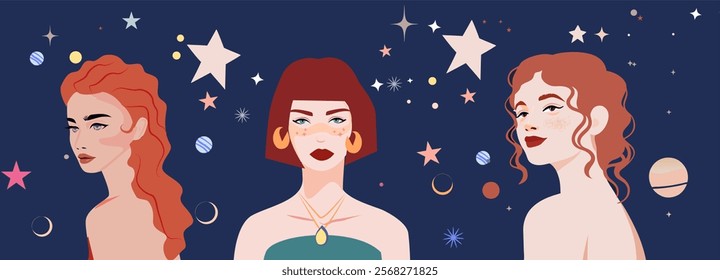 A zodiac-inspired vector illustration featuring female characters representing Leo, Virgo, and Libra. Celestial elements like stars and planets enhance the mystical astrology theme.