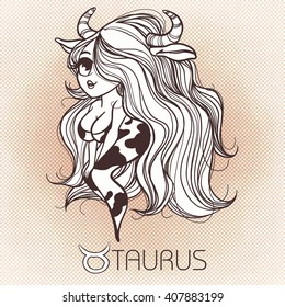 Zodiac:TAURUS astrological sign. Vector illustration of a chibi character. Zodiac: manga and anime style. Zodiac:drawing isolated on white. Design zodiac on.vintage background. Zodiac.