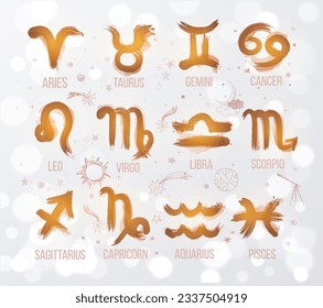 Zodiak icon signs set hand drawn with ink on white glowing background. Astrology symbols, horoscope. Vector illustration