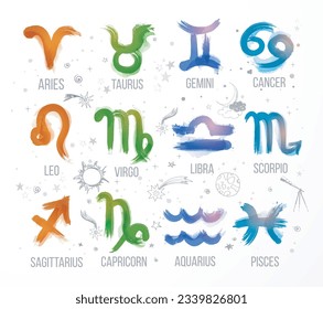 Zodiak icon signs set hand drawn with colored ink on white background. Astrology symbols, horoscope. Vector illustration