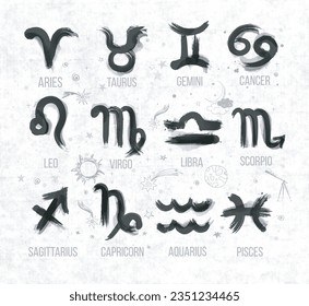 Zodiak icon signs set hand drawn with wet brush and ink on old paper background. Astrology symbols, horoscope. Vector illustration