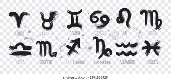 Zodiak icon signs set hand drawn with wet brush and black ink. Astrology symbols, horoscope. Vector illustration