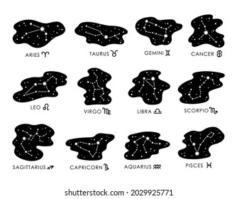 Zodial constellation celestial bundle, Astrology signs black and white isolated clipart set, Libra, Gemini, Taurus, Aries, Virgo, Leo, moon and stars horoscope symbols, vector collection