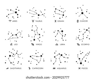 Zodial constellation celestial bundle, Astrology signs black and white isolated clipart set, Libra, Gemini, Taurus, Aries, Virgo, Leo, moon and stars horoscope symbols, vector collection