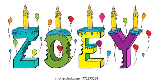 Zoey first name bitten colorful 3d lettering birthday cake with candles and balloons.