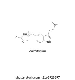 Zolmitriptan molecule flat skeletal structure, Triptan class drug used to treat migraine. Vector illustration.