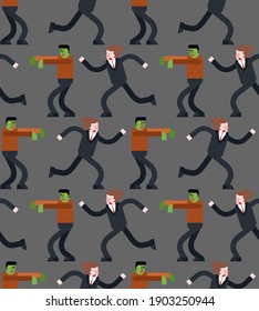 Zombi running after guy pattern seamless. Zombie is chasing man background. Green walking dead haunts man. vector texture