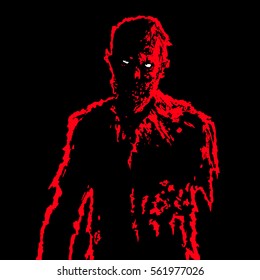 Zombie angry businessman from hell in red and white colors. Scary horror character. Graphic design. Black background. Spooky,nightmare,terrible monster. Web icon. Isolated flat vector illustration.