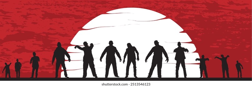 Zombie Apocalypse Silhouettes on Red Background. National Halloween Holiday Concept Vector