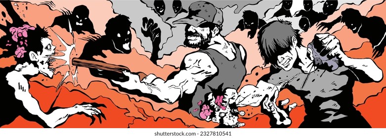 Zombie apocalypse survivors fighting against zombies vector art colorful