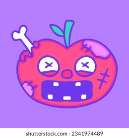 Zombie apple character with bone inside, illustration for t-shirt, sticker, or apparel merchandise. With doodle, retro, groovy, and cartoon style.