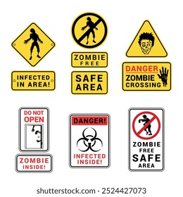 Zombie area warning signs dangerous fantasy monster zone caution set vector flat illustration. Halloween decoration horror humor joke mystic paranormal fictional creature forbidden decorative badge